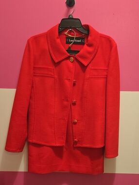 Louis Feraud Vibrant Red Button-Front Wool Jacket And Skirt